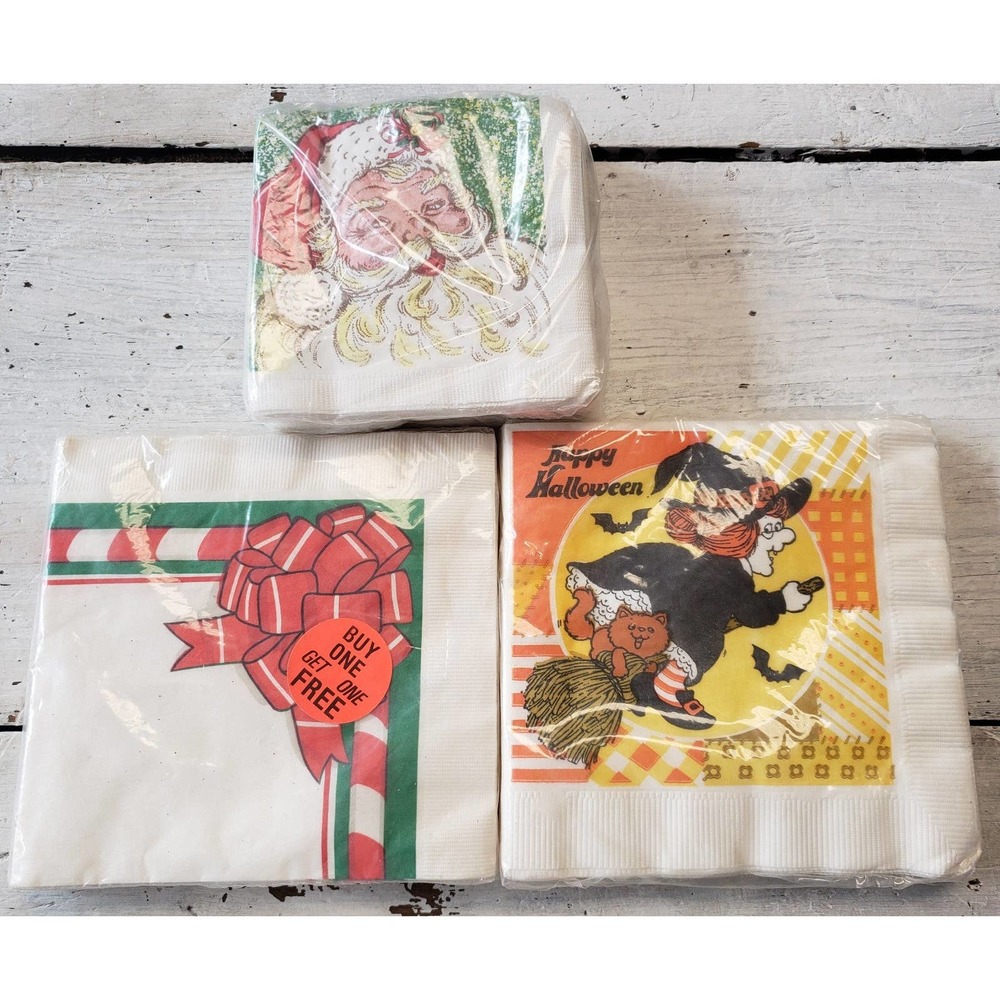 Lot of 3 NEW vintage napkins Christmas Santa Halloween witch 1986 1991